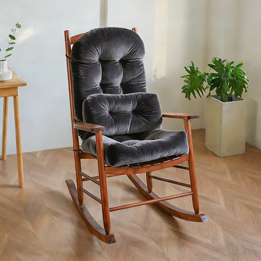 Rocking Chair Cushion Indoor Large Chair Pads Set with Ties Extra Lumbar Pillow Premium Dutch Velvet High Resilience Filler Non-Slip Bottom, Grey