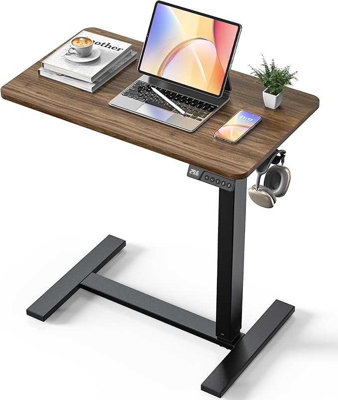 Overbed Bedside Table with Wheels, Electric Standing Desk Adjustable Height, Small Computer Desk for Home Office, Rolling Laptop Desk for Bed, Sofa, or Hospital Use (28"x16",Dark Walnut)