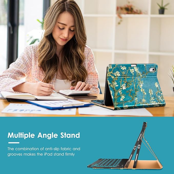 VIKESI Keyboard Case for iPad (A16,2025) 11th Generation/iPad 10th Generation Case (10.9" 2022),Premium Leather Smart Cover,Built-in Breathing Light,Function Row,Pencil Holder,Card Slots - Blossom