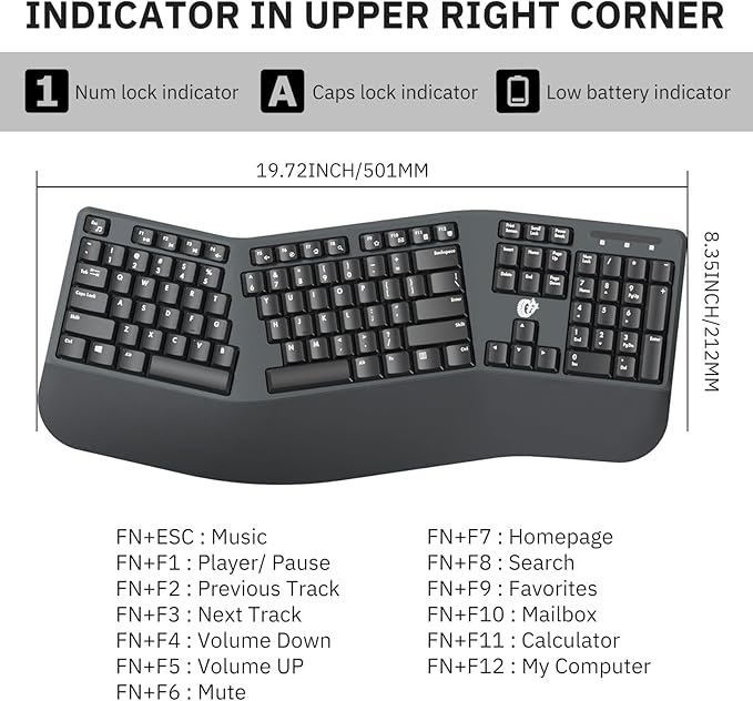 Ergonomic Wireless Keyboard and Mouse Combo, 2.4GHz USB Full Size Keyboard with Wrist Rest and 3 Level DPI Adjustable Wireless Mouse for PC and Laptop Use - Black