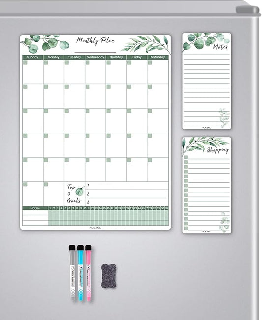 Magnetic Dry Erase Calendar for Fridge, Greenery Monthly Fridge Calendar Whiteboard Set - Vertical Monthly Calendar for Refrigerator, Grocery & to Do List White Board, 3 Markers + Eraser