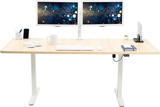 VIVO Electric 71 x 30 inch Stand Up Desk, Height Adjustable, Light Wood Top White Frame, Home and Office Furniture Sets, DESK-KIT-0W7C
