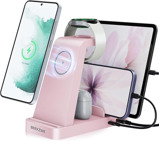 Wireless Charger for Samsung: 5 in 1 Samsung Wireless Charging Station for Galaxy S26Ultra/S25/S24, Charger Dock Stand for Galaxy Watch8/7/6/5, Android Charging Station for All USB-C Buds, Pink