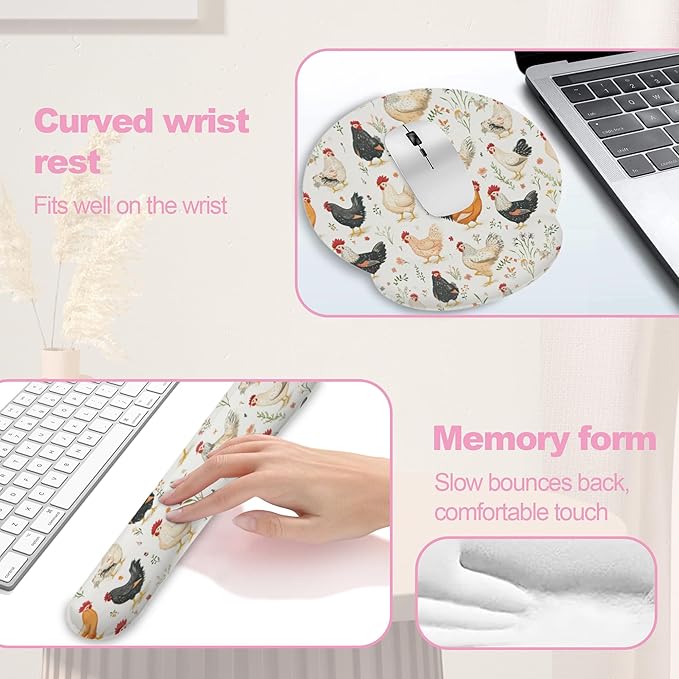Rooster Hen Chicken Meadow Ergonomic Wrist Support Keyboard Mouse Wrist Rest Set, Computer Office Comfortable Wrist Rest for Mouse Easy Typing