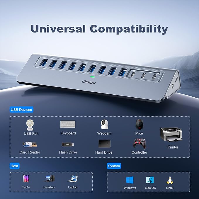 Powered USB Hub 10Gbps, intpw YH9AC 12-Port USB Splitter with USB A/USB C 3.2, 4 USB 3.0, 2 PD 45W Charging Ports, 65W Power Adapter + 3.3FT Cable, Aluminum USB Extender Hub for Laptop/PC/iPhone 16/15