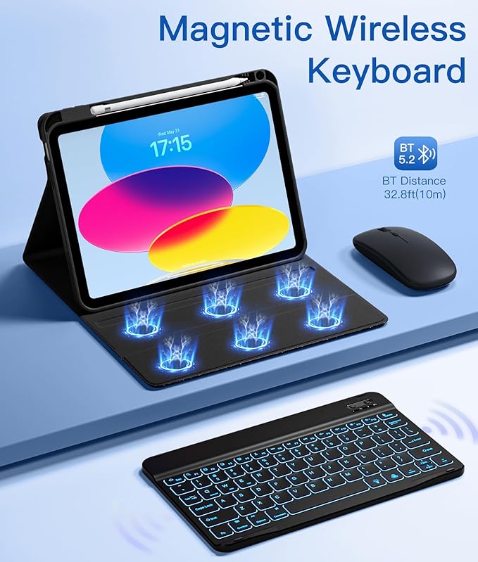 Hamile for iPad A16 Case with Keyboard - Mouse Backlit Wireless Detachable Keyboard Glitter Folio Cover with Pencil Holder for iPad 11th Gen A16 11-inch 2025 10th Generation 10.9 Inch 2022 - Black