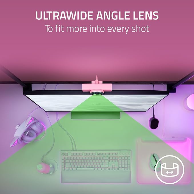 Razer Kiyo V2 Streaming Webcam: 4K 30 FPS, 1080p 60 FPS - AI Powered Auto-Framing - Built-in Microphone - Ultrawide Angle Lens - Privacy Cover - Works with OBS, Xsplit, Discord, Zoom, Teams - Pink