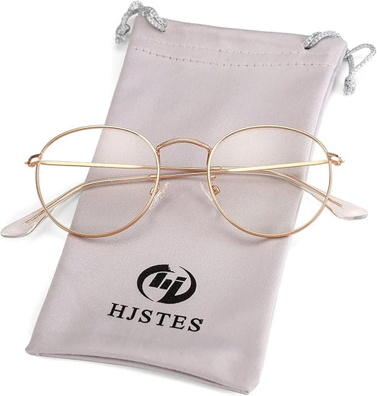 HJSTES Round Blue Light Glasses for Women Men Retro Circle Clear Lens Metal Frame Eyeglasses