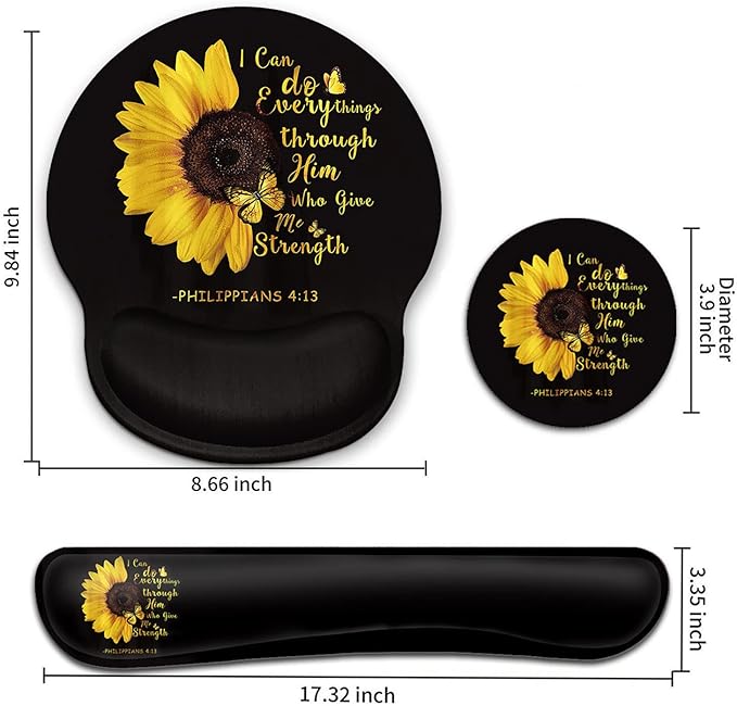 Keyboard Wrist Rest and Mouse Pad with Wrist Support, Ergonomic Gel Mouse Pad Coaster, Easy Typing Pain Relief, Memory Foam Keyboard Mousepad Set,Bible Verse Philippians 4:13 Sunflower