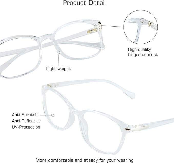 VisionGlobal Blue Light Blocking Glasses for Women Men, Stylish Square Frame (Clear, No Magnification)