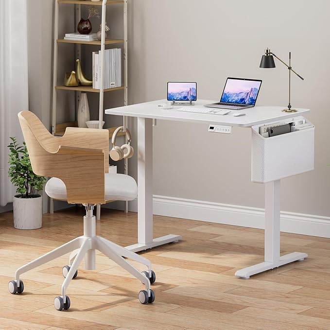 White Electric Standing Desk - 32 Inch Small Adjustable Height Stand up Desk for Writing Study Work, Mini Sit to Stand Desks Workstation for Small Space Adult Boys Girls Bedroom Home Office