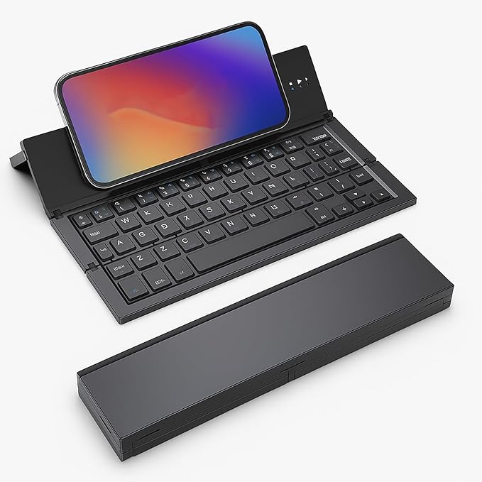 Mini Travel Wireless Keyboard Compatible with Apple iPhone 17/16/16E/16/ and Pro/Max/Plus Models Built-in Phone Holder/Stand-Ultra Slim Folding Rechargeable Full Size Keyboard!