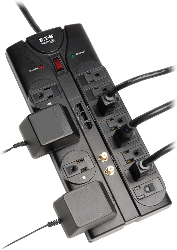 Eaton Tripp Lite TLP1208SAT Home Theater Surge Protector Power Strip, 12 Outlets, Flat Plug 8ft Extension Cord, 2880 Joules Coax, RJ11 and RJ45 Port for Phone, TV, WiFi Router, & Ethernet Protection