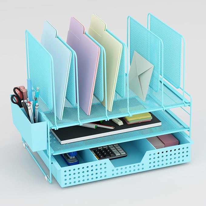 Blue Desk Organizer, Office Organization with Vertical File Holder, File Organizer with Drawer and Pen Holder, Desk Accessories and Workspace Organizers for Home Office (Sky Blue)