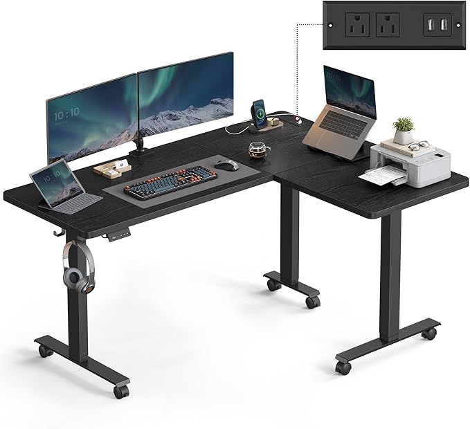 VASAGLE L Shaped Electric Standing Desk, 63 x 47.2 Inches, Height Adjustable Corner Desk with Power Outlets, 2 Memory Buttons, Easy to Assemble, for Home Office, Black ULSD242B01
