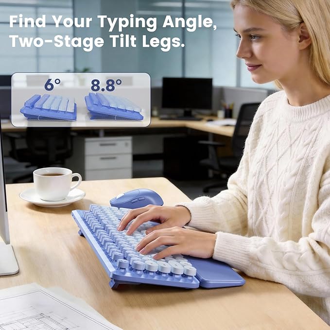 Wireless Keyboard and Mouse Combo, Magnetic Soft-Touch Wrist Rest, Round Keycaps, Full-Size Retro Typewriter Style Keyboard, 2-Stage Tilt Legs, Auto Sleep, 2.4GHz Cordless for Windows PC, Purple Ombre
