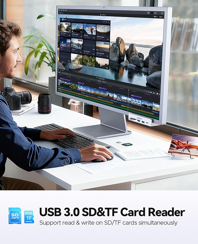 ORICO USB Hub 3.2, Clamp USB-Hub with Extra Power Supply Port, 10Gbps Aluminum 5-Port USB Extender with 2 USB-A 3.2 Ports, USB-C 3.2, SD/TF Card Reader 3.0, USB-3.2 Splitter for Monitor, Desk
