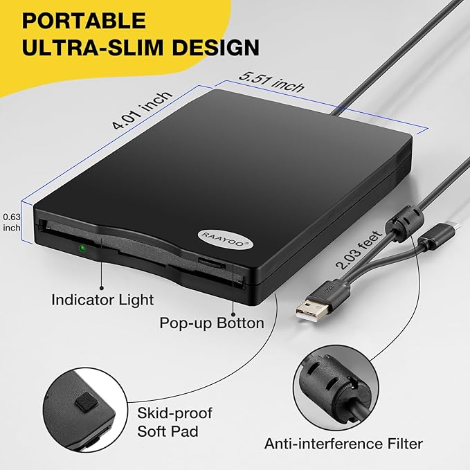 Floppy Disk Reader, External USB 2.0 & Type C Floppy Disc Reader, Portable 3.5 inch 1.44 MB Floppy Disk Drive for PC Laptop and Desktop with Windows 11/10/8/7/XP, Not Compatible with Mac and Chrome