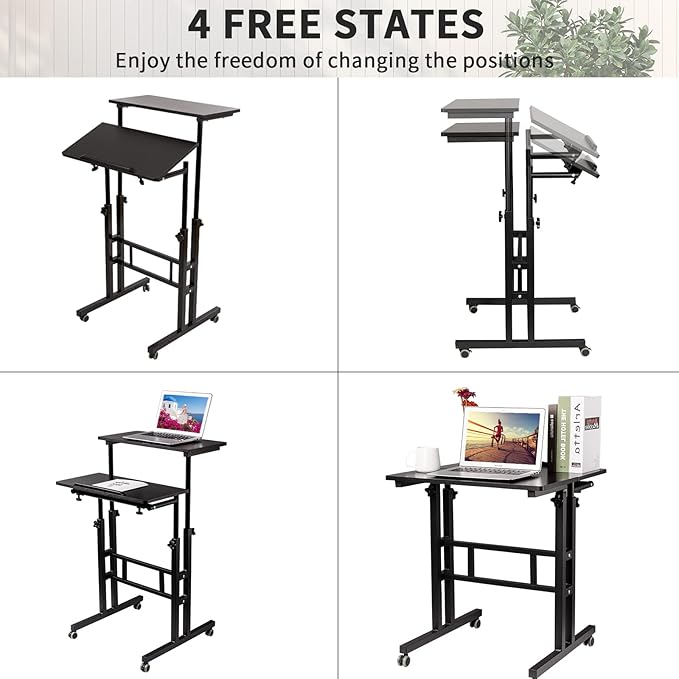 SIDUCAL Mobile Standing Desk, Portable Stand Up, Small Adjustable Converter with Wheels Home Office Workstation, Rolling Desk Laptop Cart for Standing or Sitting, Black