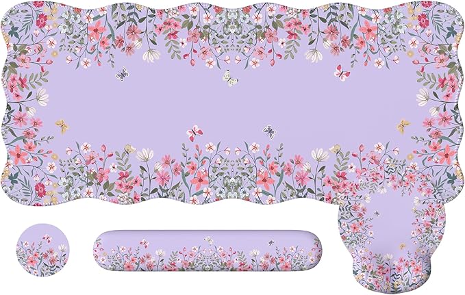 iLeadon XXL Mouse Pad, Mousepad with Wrist Rest, Memory Foam Wrist Support for Keyboard, Ultra Smooth Mouse Pad for Gaming, Purple Desk Mat for Office Home (Floral)
