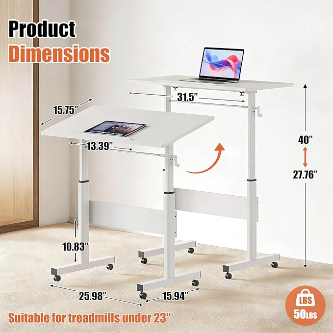Hand Crank Small Standing Desk, Adjustable Height 27.76-40", Tiltable Tabletop with Wheels, Portable Laptop Computer Table, Rolling Podium Mobile Stand Up Desk for Walking Pad Treadmill, Home Office