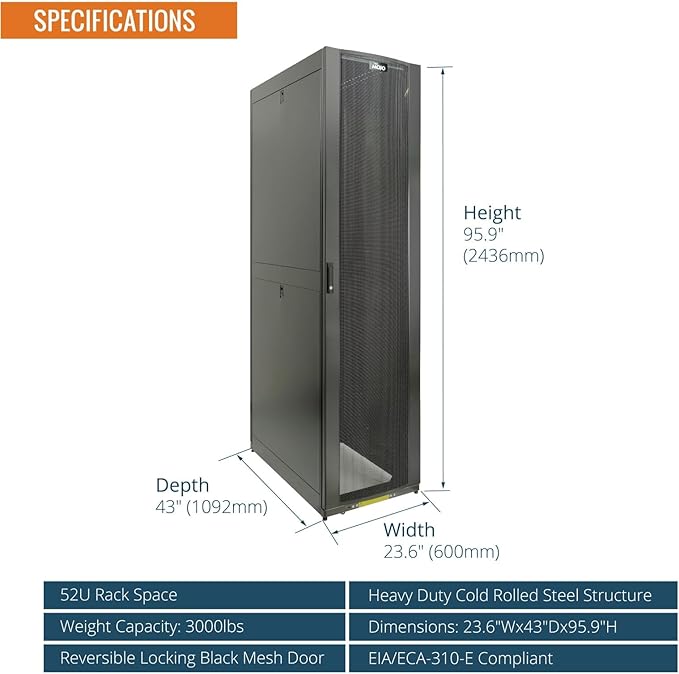 Tecmojo 52U Server Rack Cabinet - PRE-Assembled 24inch Width 43inch Depth IT Network Equipment Cabinet Rack Enclosure with Casters - 3000lbs Weight Capacity(06Black)