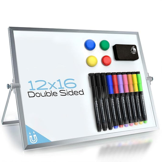 12×16″ Magnetic Dry Erase Whiteboard – Double‑Sided Desktop Board with Stand, 10 Markers, 4 Magnets, Eraser – Home, Office, Kids