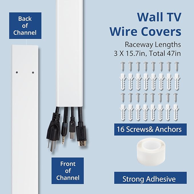 47in TV Cord Hider, YCLYC Cord Hider for Wall Mount TV, Large Cable Hider, Paintable Wire Covers for Cords, Cable Management Cord Organizer, Wire Hiders for TV on Wall 3*L15.7in W2in H0.7in, White