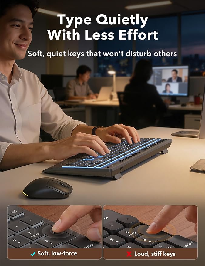 Trueque Wireless Keyboard and Mouse Combo, 4000mAh Rechargeable Backlit Keyboard with Wrist Rest & Phone Holder, Full Size Quiet Typing 2.4G USB-A/Type-C for PC Laptop Windows Mac (Black)