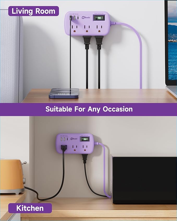Purple Extension Cord with Surge Protected - Cute Travel Power Strip with 6 AC Outlet 3 USB (1 USB-C) Charging Station, Purple Desk Accessories Wall Mountable Cute Kawaii Lavender Office Dorm Room