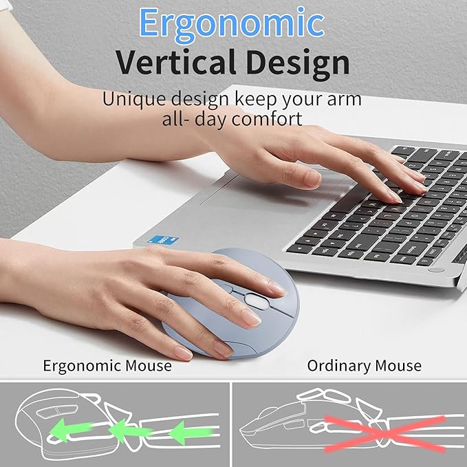 Wireless Silent Ergonomic Vertical Mouse - Dual Mode 2.4G/Bluetooth, Rechargeable Type C, Pain Relief for Office and Home Use, Compatible with Laptop & PC (Blule)