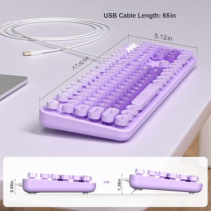Large Print Keyboard Wired, Full Size Wired Retro Round Keyboard with Foldable Stands, Plug and Play for Laptop and Office PC- Purple Colorful