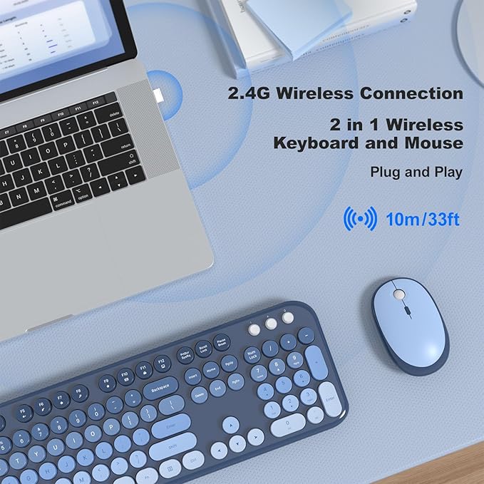 Wireless Keyboard Mouse Combo - Lovely SkyBlue-Gradient Rainbow Full-Sized Typewriter Colorful Keyboards, Round Keycap Plug Play Retro Cute Keyboards for Windows, Laptop, PC, Desktop, Computer
