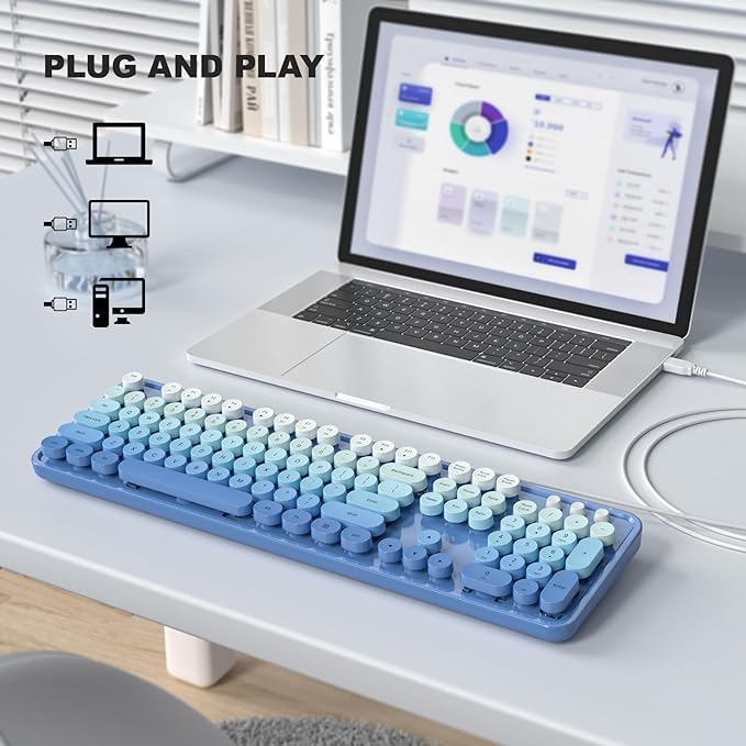 Computer Keyboard Wired, Plug and Play USB Retro Round Typewriter Keyboard, Full Size Wired Keyboard with Foldable Stands for Laptop and Office PC- Blue Gradient