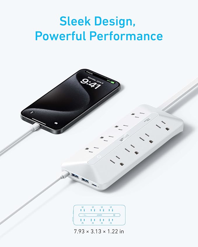 Anker Power Strip with 900J Surge Protector, Flat Plug Extension Cord with Multiple Outlets, 8 AC, 2 USB A & 2 USB C Ports for 35W Max, 5ft Outlet Extender, Dorm Room Essentials, Home Office
