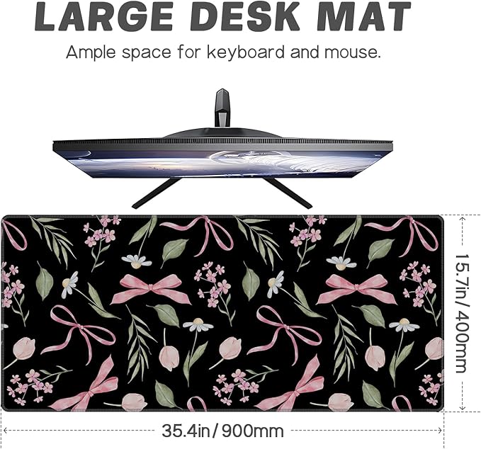 Baziabbo Black Desk Mat,XXL Extended Large Mouse Pad,Cute Gaming Mousepad with Stitched Edge,Non-Slip Rubber Base Keyboard Desk Pad for Home Office Study Game