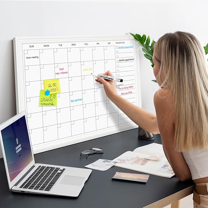 DOLLAR BOSS Magnetic White Board Calendar 36''x 24'', Monthly Dry Erase Planner for Wall with White Wood Style Frame for Office, School, Dorm, Home Decor