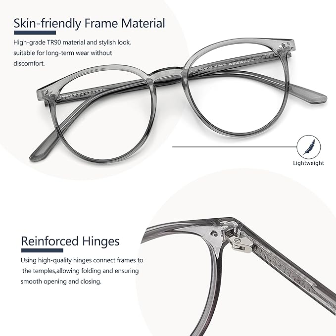 Blue Light Blocking Glasses for Women and Men, Round Frame Computer Gaming Anti Eyestrain & UV Glare RF6213 (Smoke Grey)