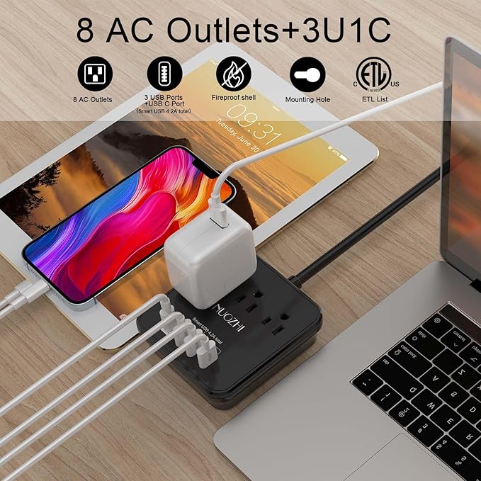 Cruise Essentials,10 Ft Power Strip with 3 Outlets and 4 USB Ports(1 USB C), Non Surge Protector for Cruise Ship, Travel, Home Office, ETL Listed, Black