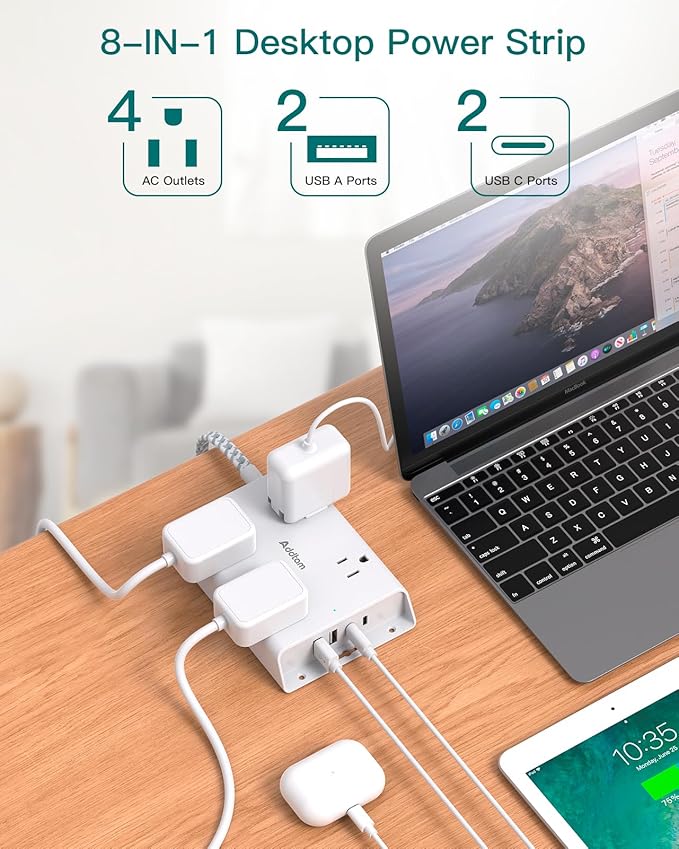 Surge Protector Power Strip 15 ft, Addtam Flat Plug Extension Cord with 4 USB Wall Charger(2 USB C Port), 4 Widely Outlets Desk Charging Station, Home Office and College Dorm Room Essentials