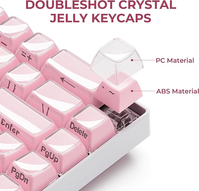 XVX Pink Keycaps, Crystal Jelly Keyboard Keycaps OEM Profile Side Printed Keycap Set Compatible with 61/68/84/87/98/100 ANSI Layout MX Switches Mechanical Keyboard
