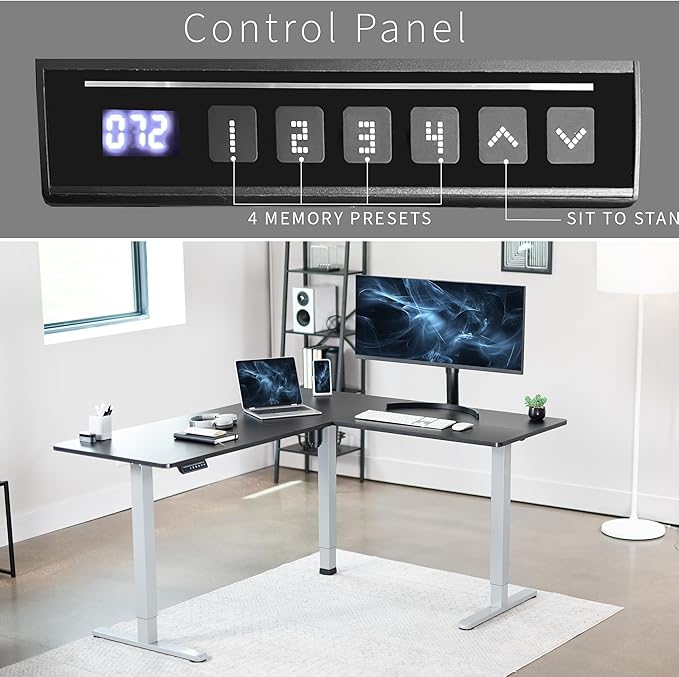 VIVO Corner Standing Desk, 63 x 55 inch Reversible L-Shaped Workstation, Electric Height Adjustment, Home, Office, and Reception Rooms, Black Table Top Gray Frame, DESK-E3CTGB