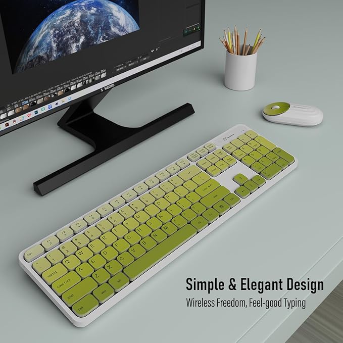 Wireless Keyboard and Mouse Combo - 2.4G Wireless, Rechargeable, Quiet, Cute Colorful, Full-Sized, 3 DPI Adjustable Mouse, for Computer, Laptop, PC, Desktop(Green)