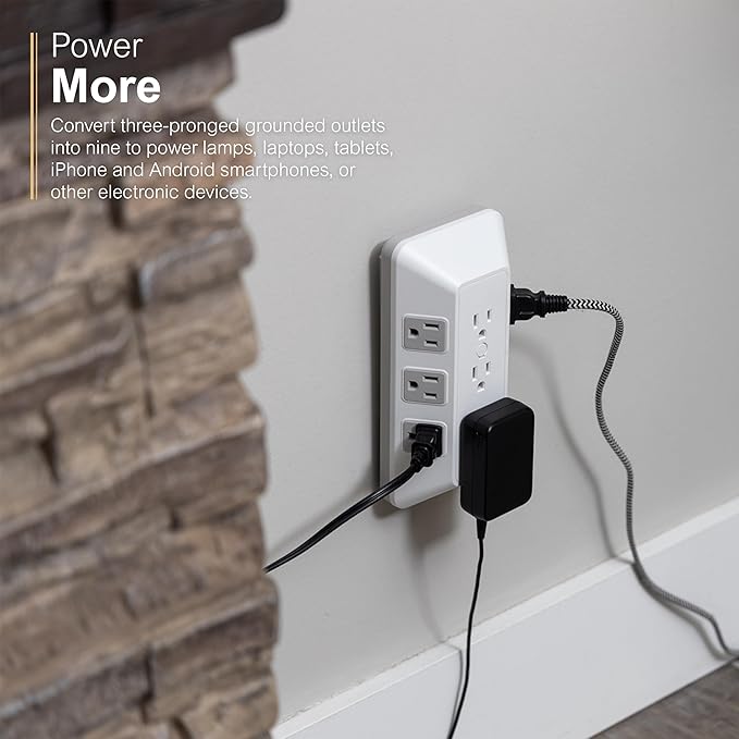 GE 9-Outlet Surge Protector, Multi Plug Outlet Extender, Wall Tap, Adapter Spaced, for Home, School, and Office, 1780 Joules, White/Gray - 73628