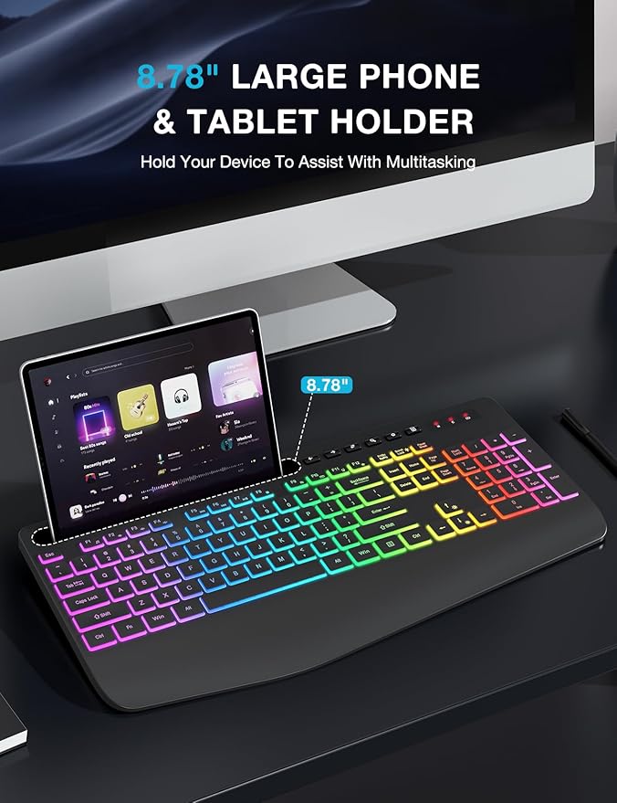 Wireless Keyboard with 8 Colored, 9 Effects Backlits, Wrist Rest, Phone Holder, Rechargeable Ergonomic Computer Keyboard with Silent Keys, 2.4G Lag-Free Cordless Set for PC, Laptop, Windows, MacBook