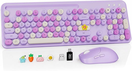 Wireless Keyboard and Mouse Combo, Retro Round Keycaps, Full-Size Stylish Typewriter Keyboard with Large Phone/Tablet Holder, 3-Level DPI Ergonomic Mouse, 2.4GHz Cordless for Windows PC, Lavender Mist