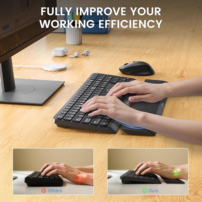 PHILIPS Bluetooth Keyboard and Mouse Combo, Ergonomic Design with Wrist Rest for Computer Keyboard, Bluetooth/2.4Ghz 3-Device Connectivity, Wireless Keyboard and Mouse Set for Windows/Android, Black