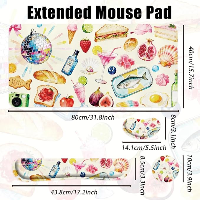 4 in 1 Large Keyboard Mouse Pad Set, Ergonomic Keyboard Wrist Rest Pad, Wrist Support Mousepad Set, Cup Coaster, Extended Desk Mat for Home Game Women Office Desk Decor Accessories(Food)