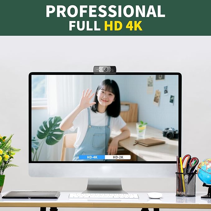 24MP 4K Ultra HD Web Camera with Microphone, USB Computer Camera for PC, Laptop, Mac, Plug and Play Desktop Web Cam for Streaming, Zoom, Teams, 4K Webcam with Auto Light Correction & Wide Angle