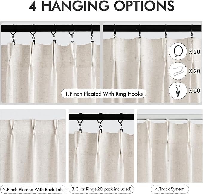 Memory Trained Pinch Pleated Curtains 96 Inches Long, Viral Linen Pinch Pleat Sheer Curtains with Ring Hooks&Clips for Track System Living Room, Natural Light Filtering Privacy Curtain 2 Panel Set